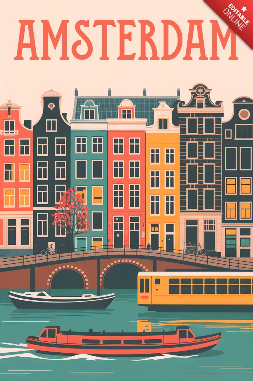 Plantilla de diseño vintage de Ámsterdam para carteles de viaje