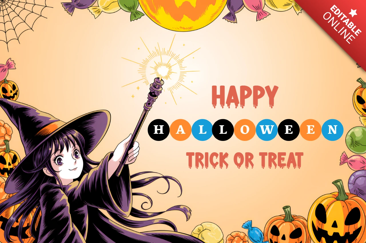 Plantilla de diseño de bruja de Halloween caprichosa para tarjetas de felicitación festivas.