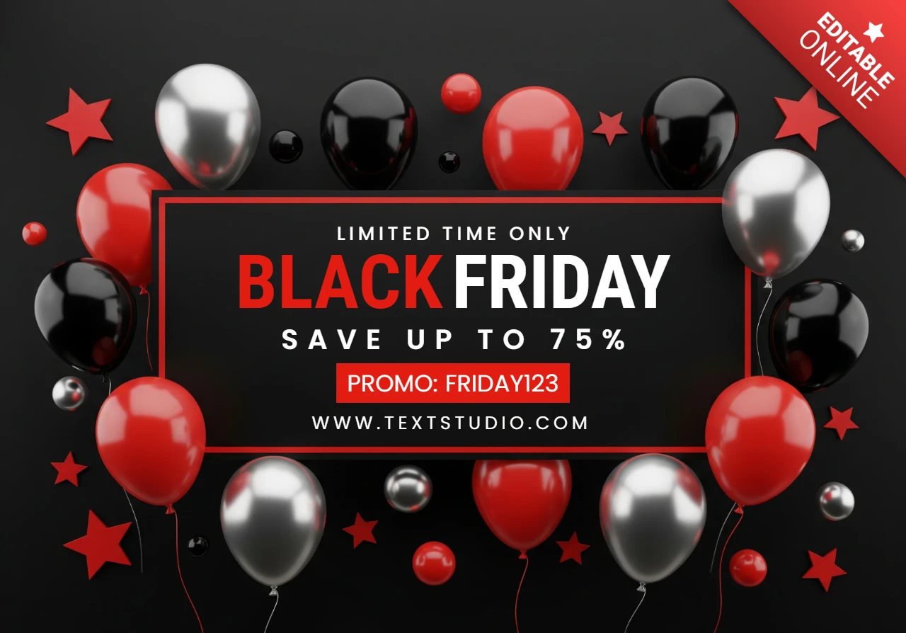 Modèle de conception de centre de table avec des clusters de ballons festifs pour la vente élégante du Black Friday et des flyers promotionnels.