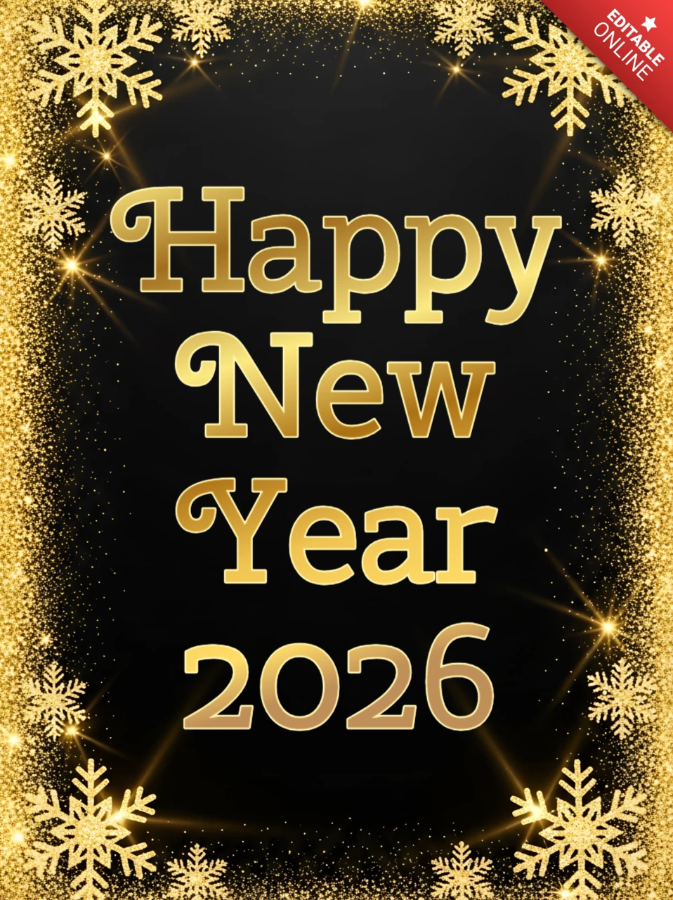 Elegant New Year 2026 Greeting Card Design Template with Gold Typography and Snowflakes
