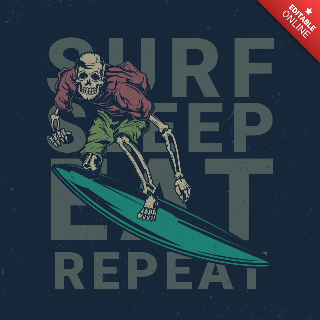 Esqueleto en tabla de surf plantilla de diseño de camiseta