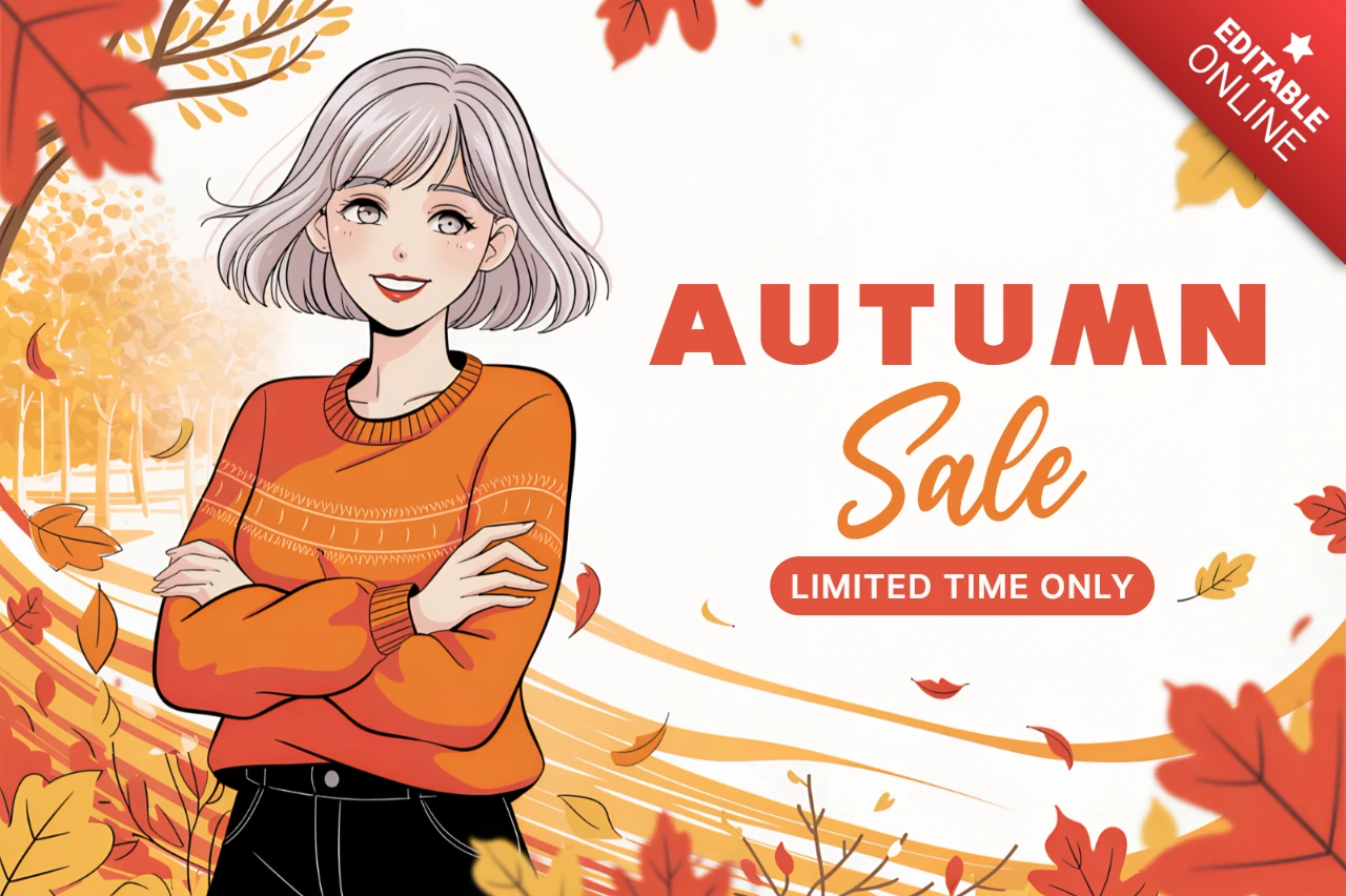Plantilla de diseño de venta de otoño con personaje de manga y hojas de otoño para volantes promocionales