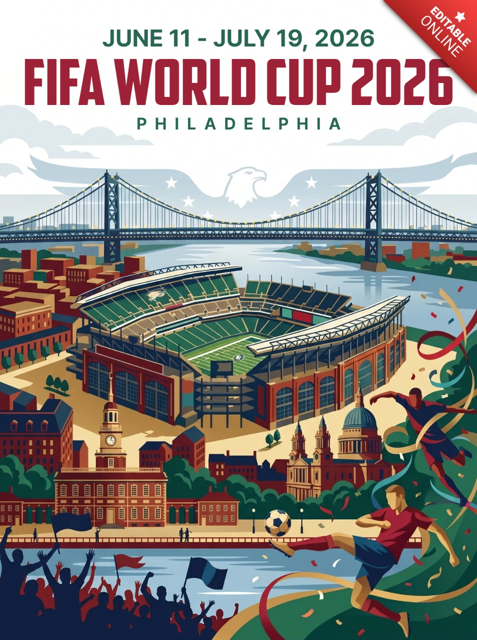 フィファワールドカップ2026 フィラデルフィア市のポスター 歴史的なランドマーク、スタジアム、川、サッカーの祝賀、カラフルなリボンを強調