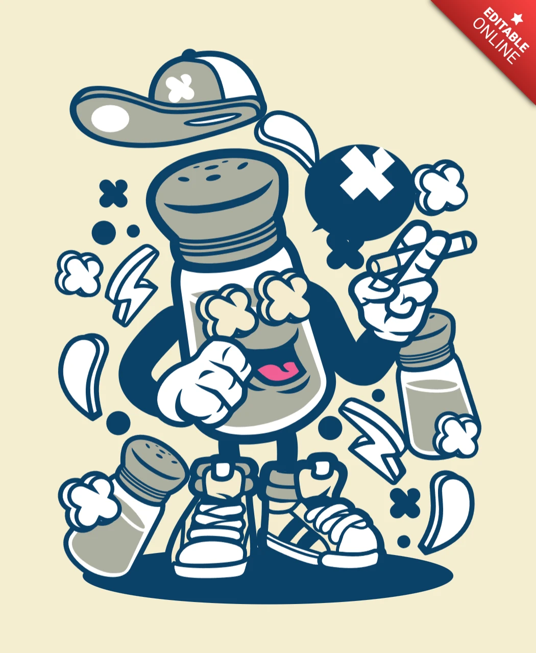 Smoking Salt Shaker Cartoon Character T-shirt Design Template