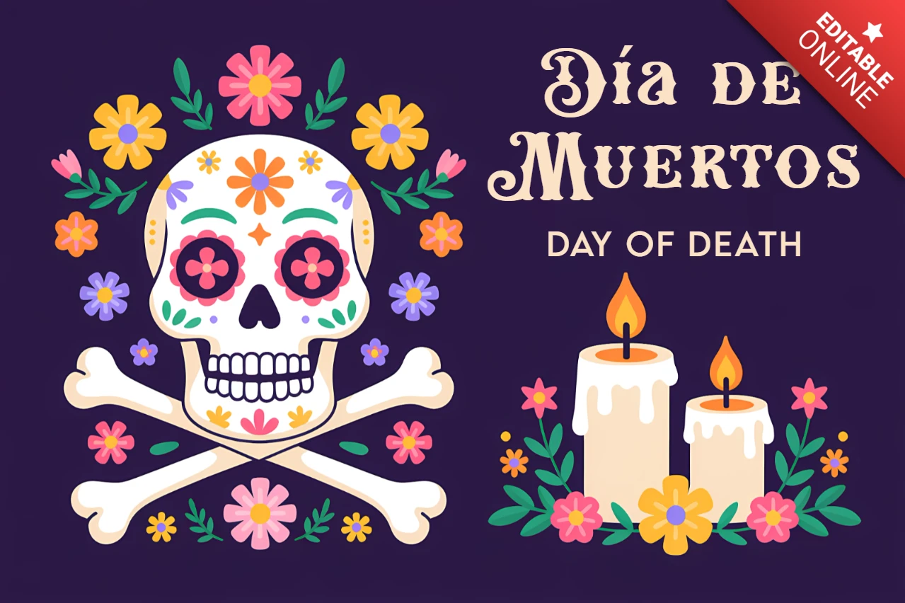 Colorful Día de Muertos Skull Design Template for Greeting Cards