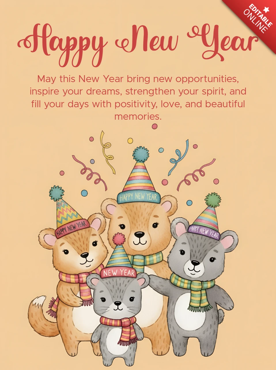 Felice anno nuovo design della famiglia orso template per biglietto d'auguri
