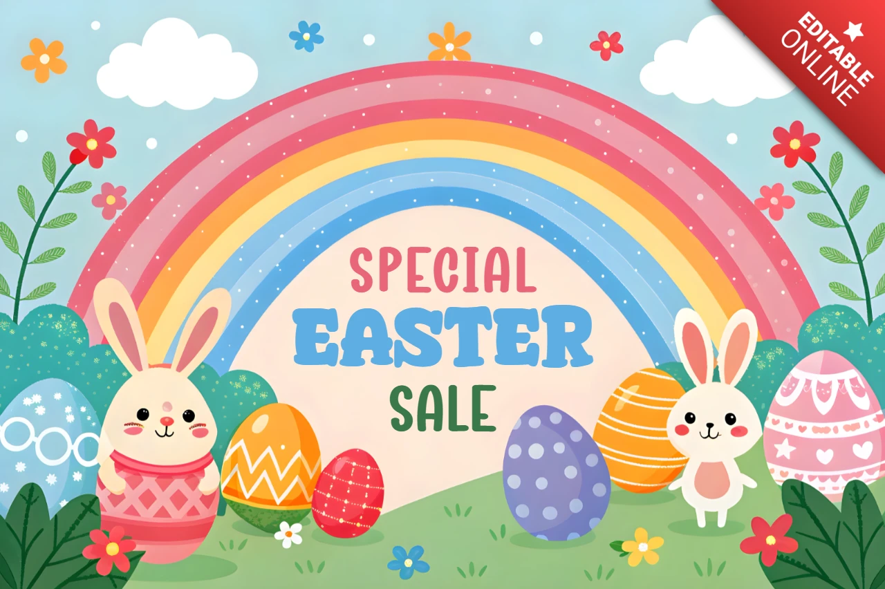 Whimsical Easter Sale Design Template with Bunnies and Colorful Eggs