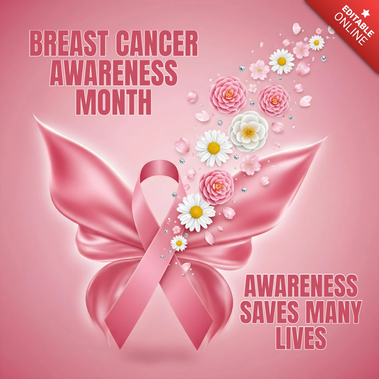 Pink Ribbon Breast Cancer October Awareness Print with Hopeful Butterfly Banner Design Template