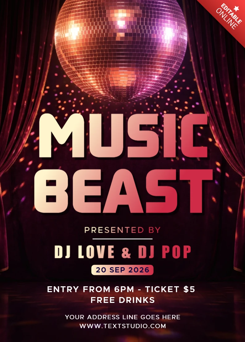 Luxury Disco Music Beast Party Flyer Template with Glittering Disco Ball, Velvet Curtains and DJ Night Event Design