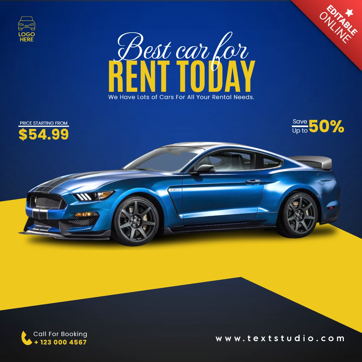 Blauw en geel huur auto bewerkbaar ontwerpsjabloon