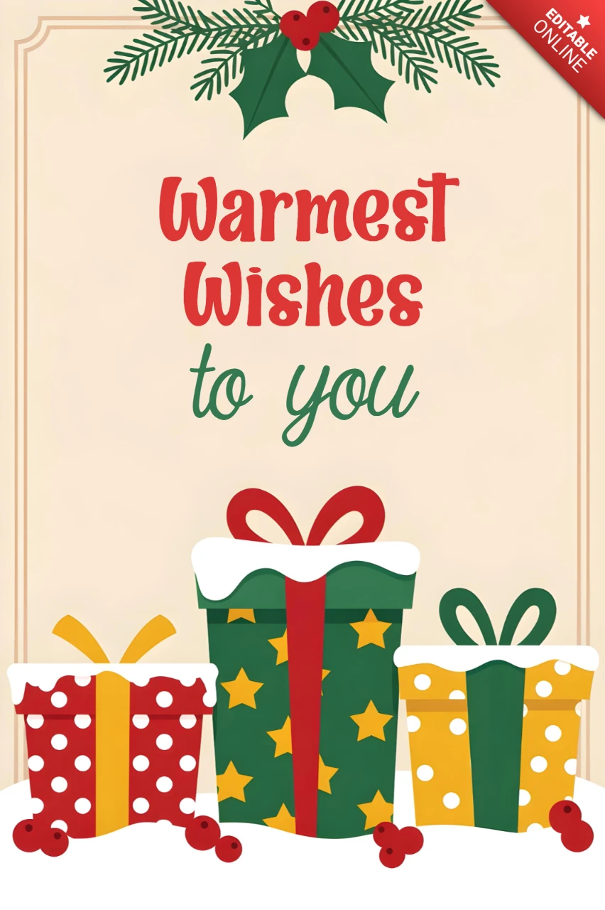 Design di biglietti di Natale regalo trio con neve e foglie di agrifoglio su sfondo pesco con auguri più calorosi