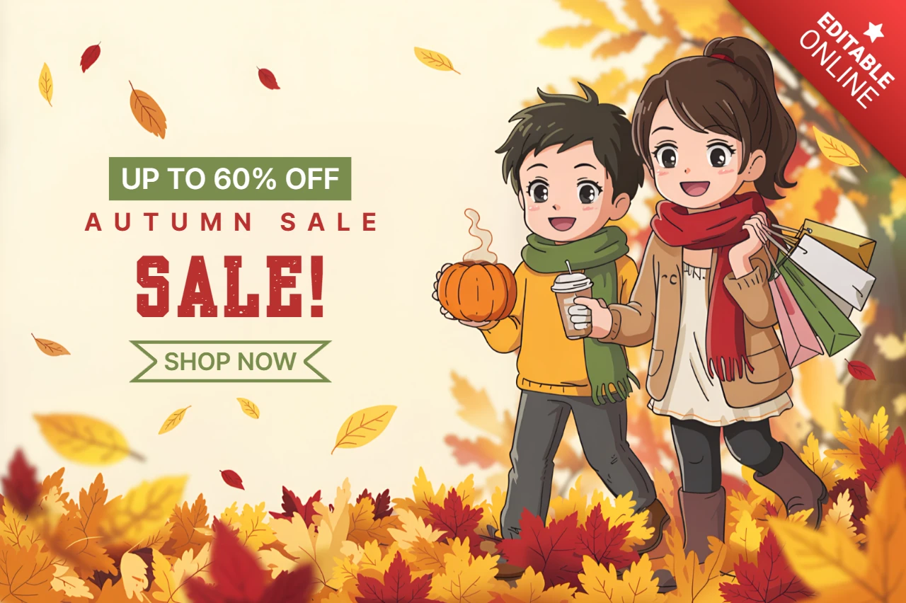 Herbstverkaufsdesignvorlage mit Cartoonfiguren und Herbstblättern für Werbeflyer