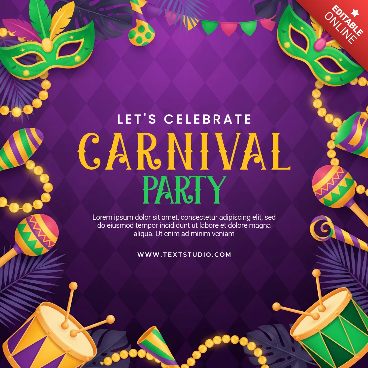 Carnival Celebration Poster Colorful Festival Design with Beads, Instruments, and Mask Accent