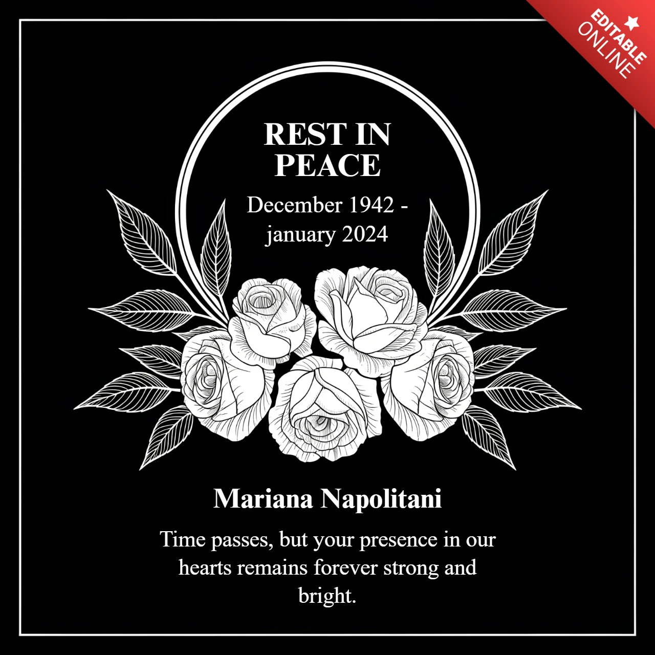 Design de template memorial floral elegante para obituários com rosas e folhas