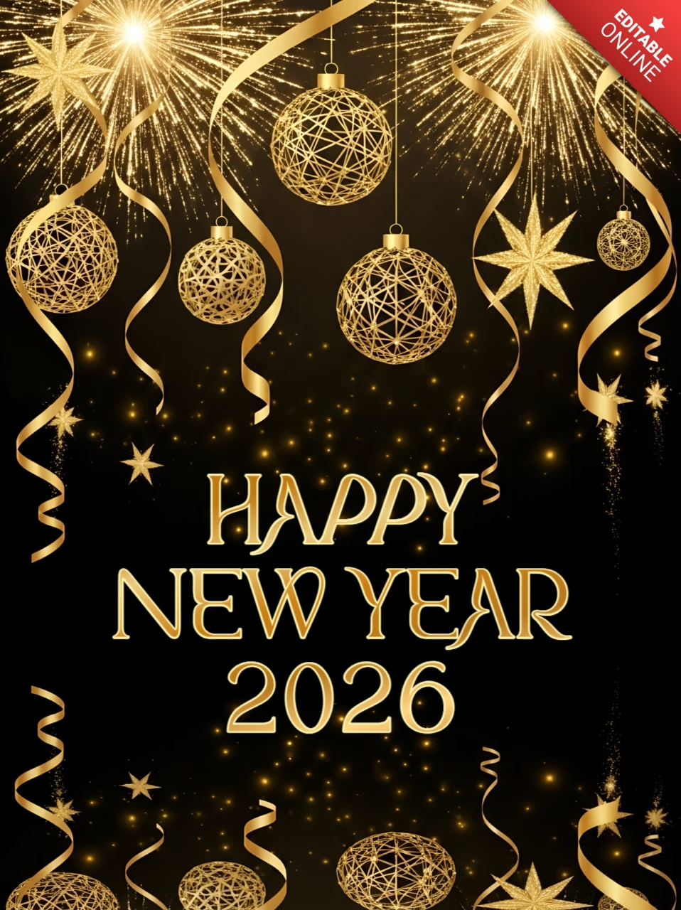 Elegante Neujahrsfeier-Vorlage mit goldenen Ornamenten und funkelndem Feuerwerk-Design für Grußkarten