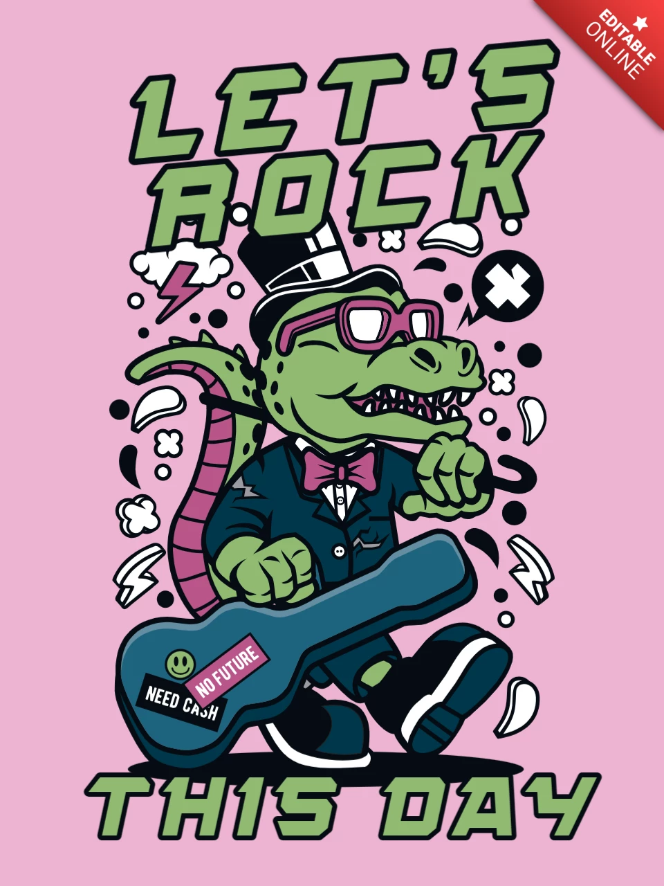 Musik-Rock-Krokodil-Cartoon-T-Shirt-Design-Vorlage