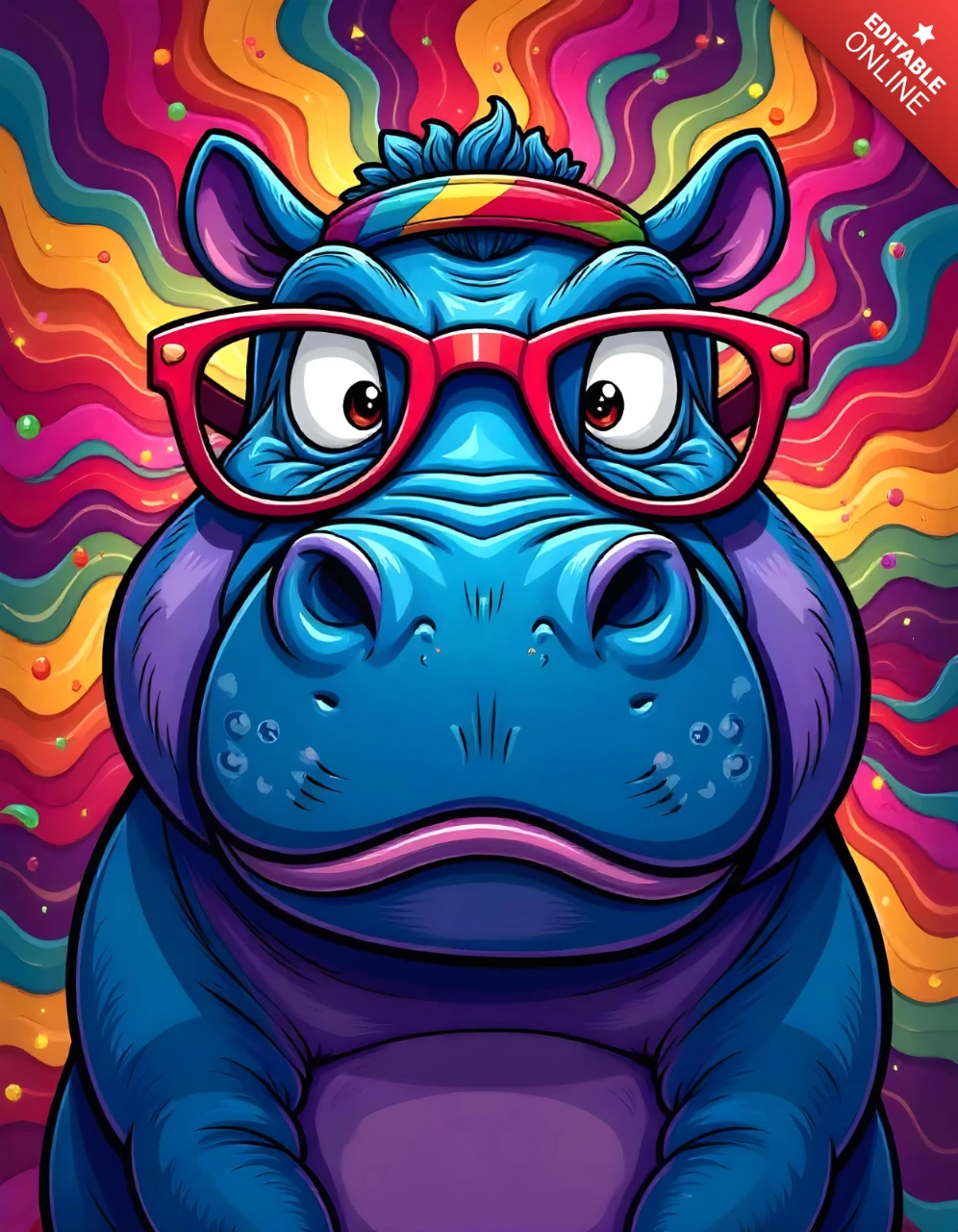 Plantilla de diseño de ilustración de dibujos animados de hipopótamo con fondo psicodélico vibrante