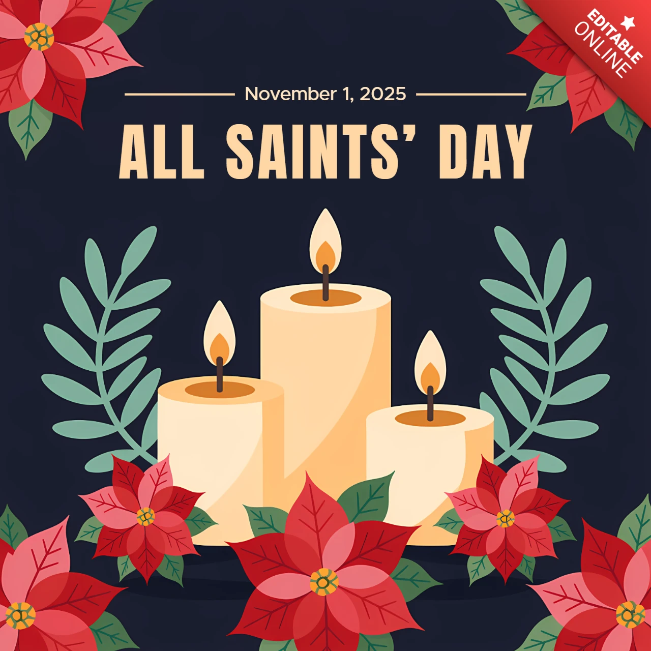 All Saints' Day Candle Design Template with Poinsettias for Festive Greeting Cards