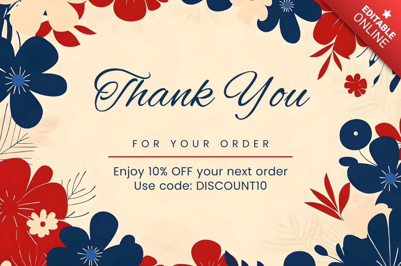 Diseño de plantilla de tarjeta de agradecimiento floral para pedidos con oferta de descuento