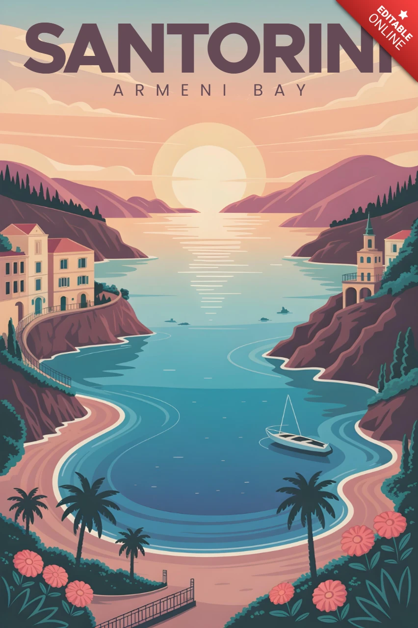 Santorini baia Armeni tramonto con tetti in terracotta e barche a vela modello di poster da viaggio