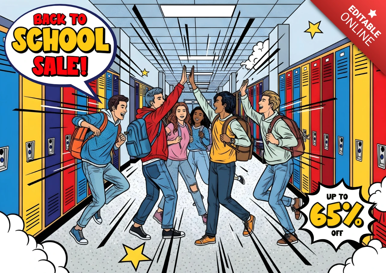 High-Five-Schulkinder-Comicausstellung mit Schließfächern, Rucksäcken und Designvorlage für Werbeflyer