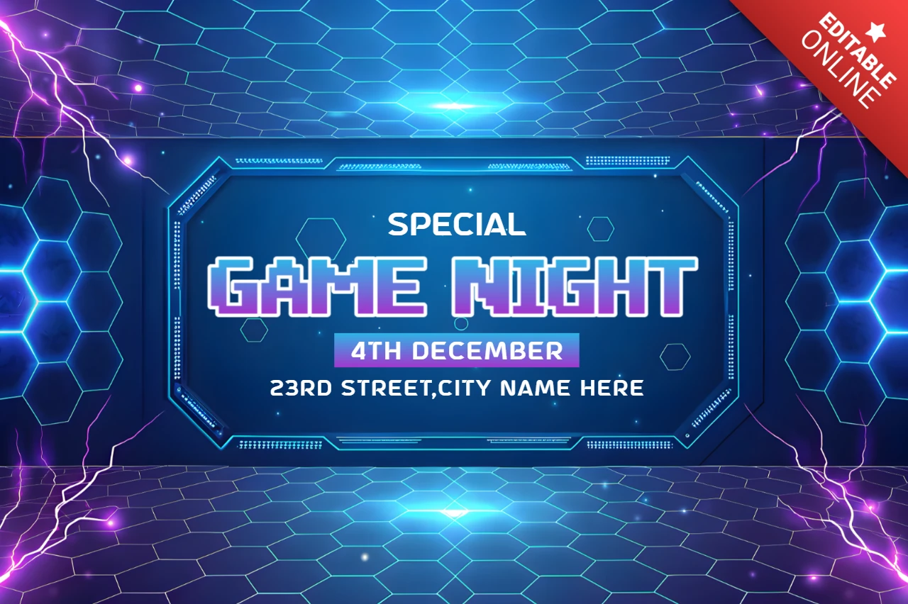 Modelo de design de evento de jogos em neon com fundo hexagonal futurista