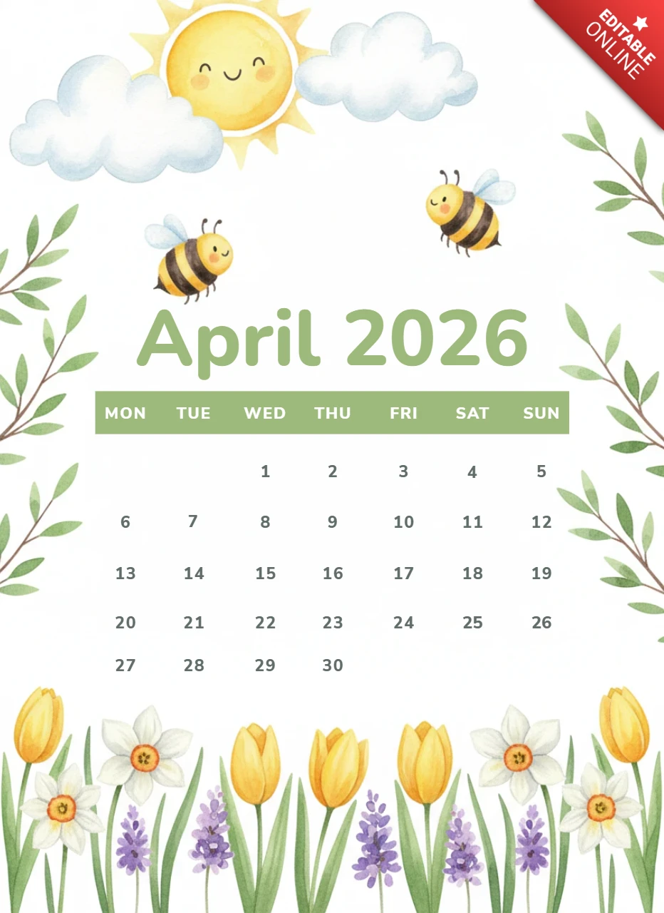 Sol sonriente, abejas, nubes, tulipanes, narcisos, jacintos y tema de borde decorativo cartel de calendario abril 2026.