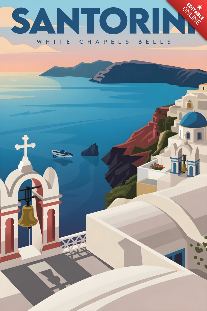 Chiese bianche con cupole blu, campanile e vista sul mare al tramonto, modello di poster di viaggio a Santorini.