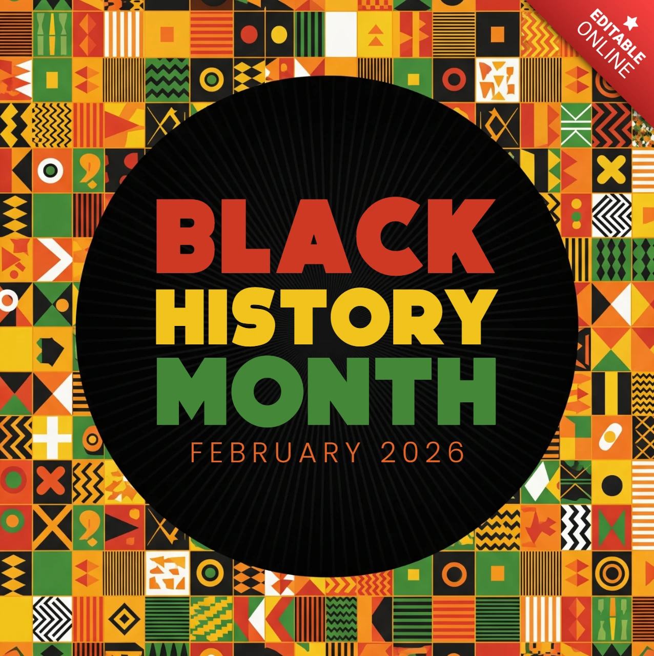Affiche du mois de l'histoire des Noirs 2026 avec une typographie audacieuse dans des couleurs panafricaines, un cercle central et des bordures géométriques inspirées de l'Afrique célébrant l'héritage et la fierté.
