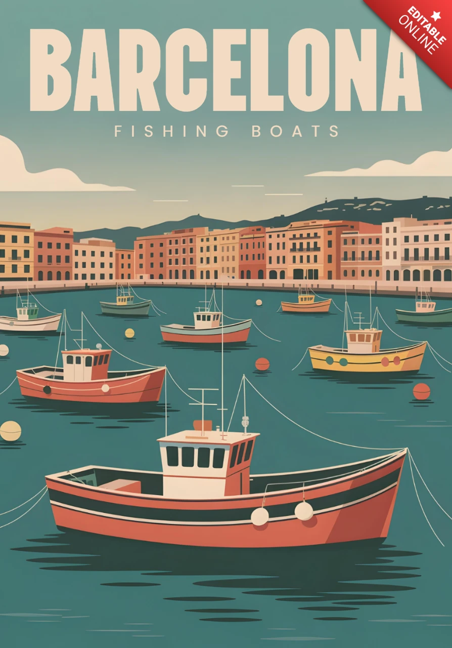 Scène côtière de bateaux de pêche à Barcelone avec une illustration colorée du port, modèle de design d'affiches de voyage.