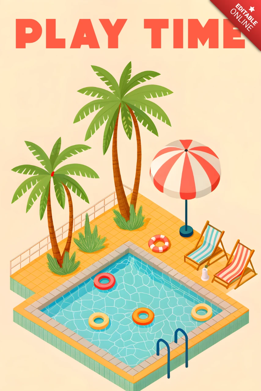Play Time Pool Party Isometric Design Template for Summer Events