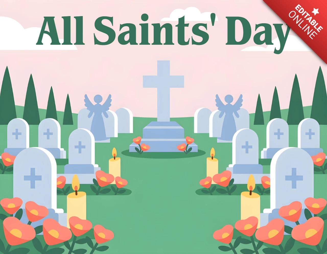 Plantilla de diseño de tarjeta de felicitación del camino del cementerio del Día de Todos los Santos con monumento de cruz, ángeles y lápidas iluminadas por velas.