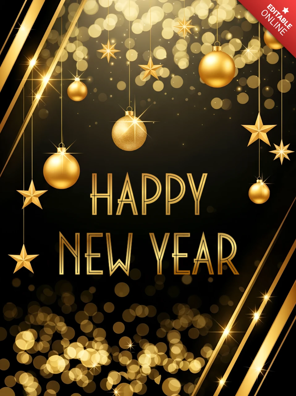 Modello di design elegante per celebrazioni di Capodanno con ornamenti dorati per inviti a feste.