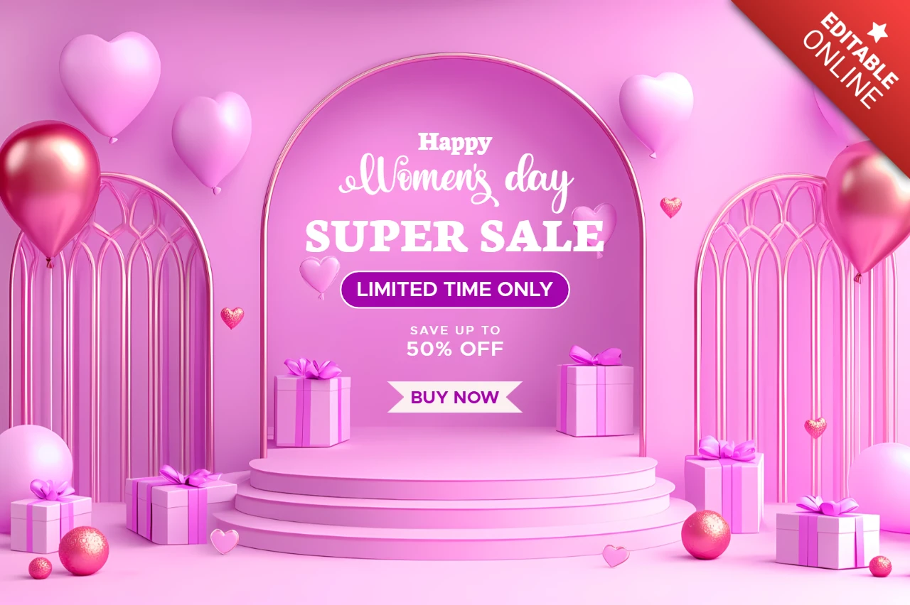 Happy Women's Day Verkauf Designvorlage - elegante rosa Feier mit Ballons und Geschenke