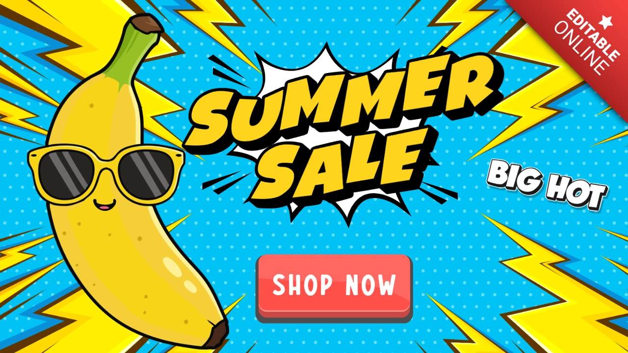Modèle de design pour les soldes d'été avec un personnage amusant de banane