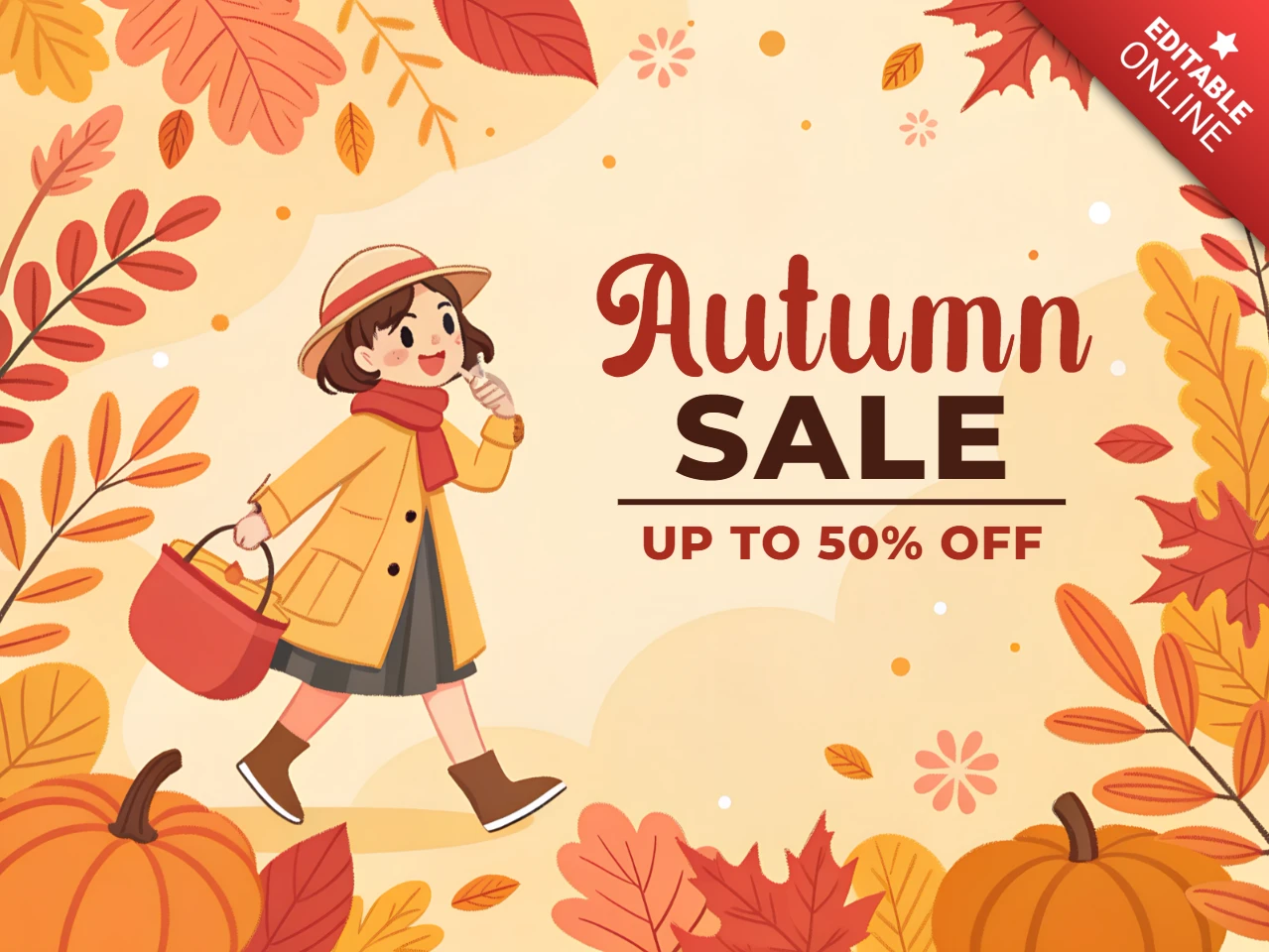Autumn Sale Promotional Template with Cartoon Character and Fall Leaves Design for Flyers