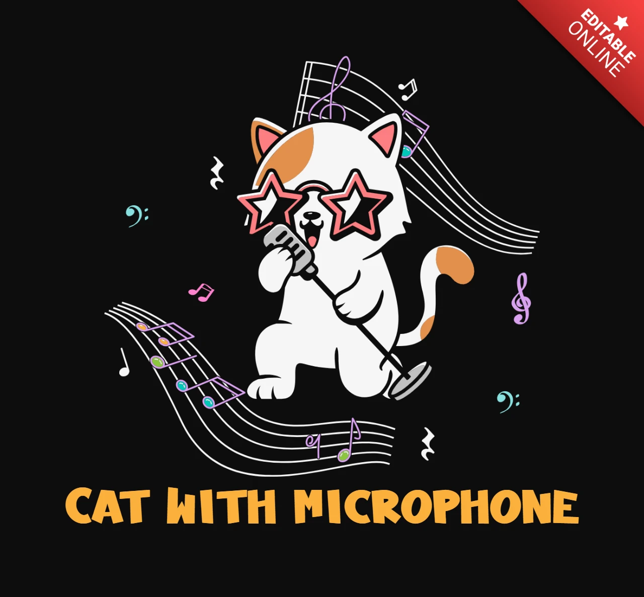 Lustige katze mit mikrofon musik t-shirt design vorlage