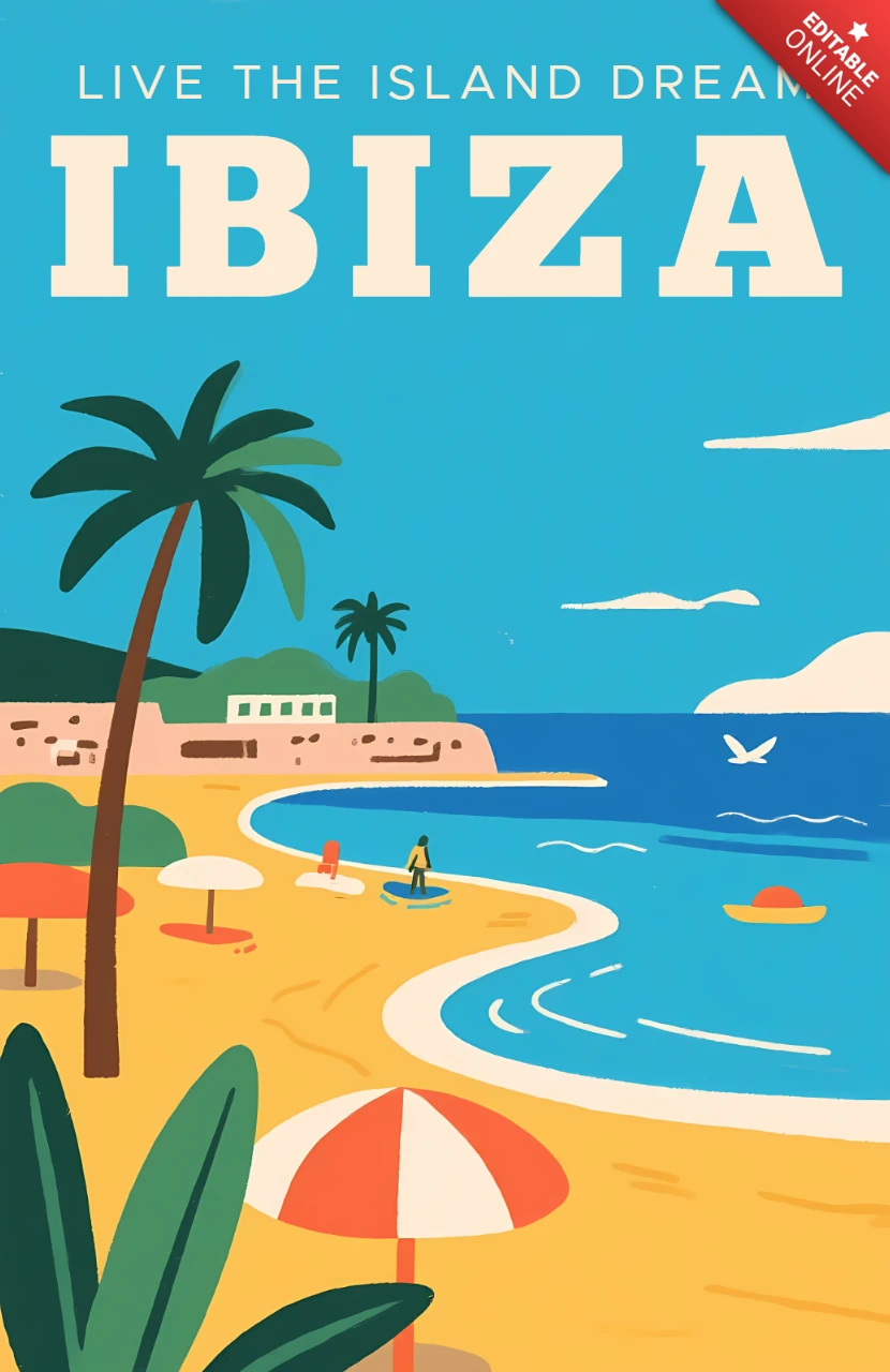 Retro Flat Ibiza Beach Design Template for Travel Posters