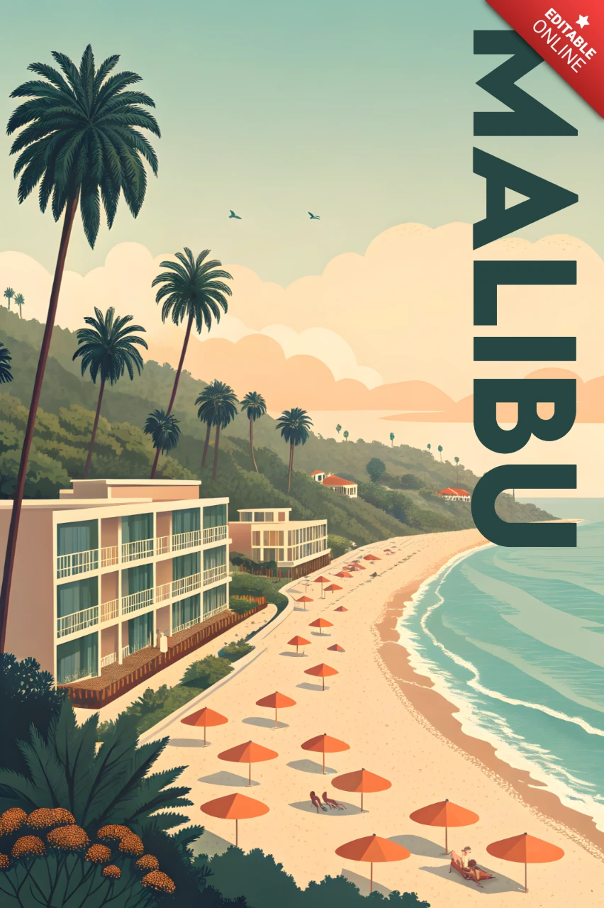 Retro malibu beach design template na plakaty podróżnicze