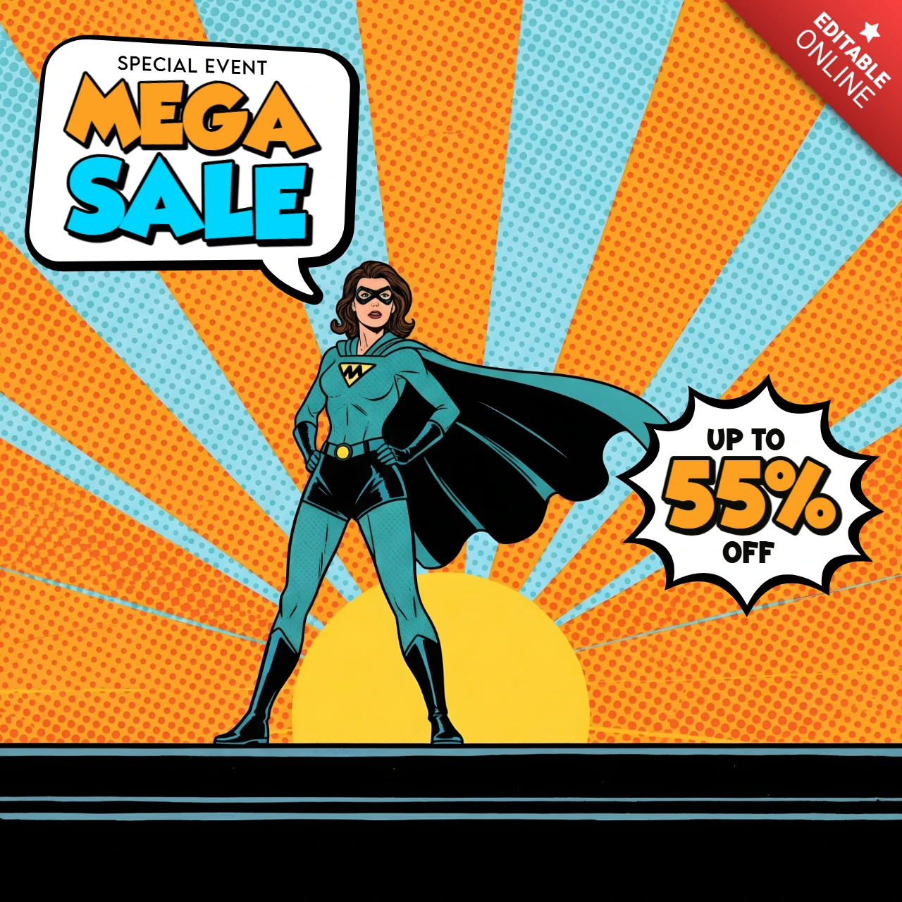 Mega-Verkauf Comic-Stil Sonnenuntergangsszene mit türkisfarbenem Heldinnen-Designvorlage für Werbeflyer