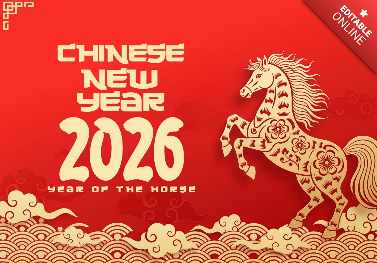 Affiche du Nouvel An chinois 2026, année du cheval avec un cheval floral cabré et des nuages dorés.