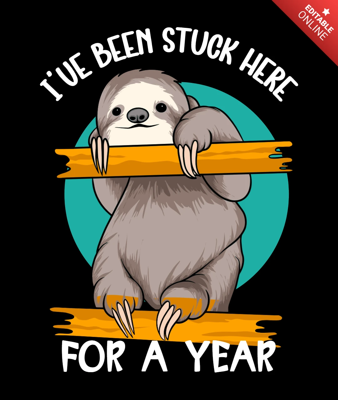 Diseño de camiseta con el dibujo de un perezoso atrapado que dice 'he estado aquí un año', cita divertida de animal para productos de humor en modo perezoso.