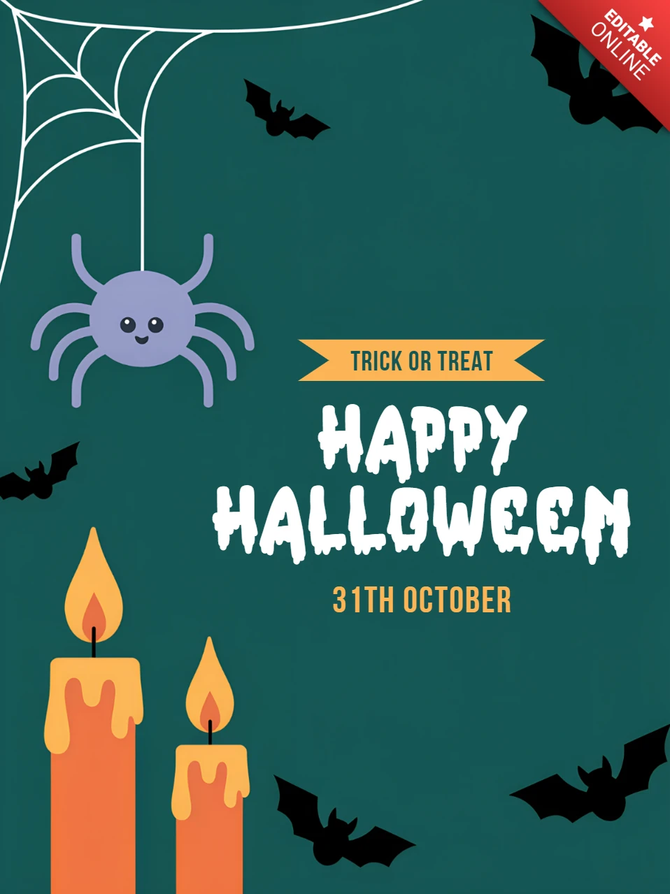 Bearbeitbare Halloween-Party-Einladungsvorlage mit Spinnen- und Kerzendesign