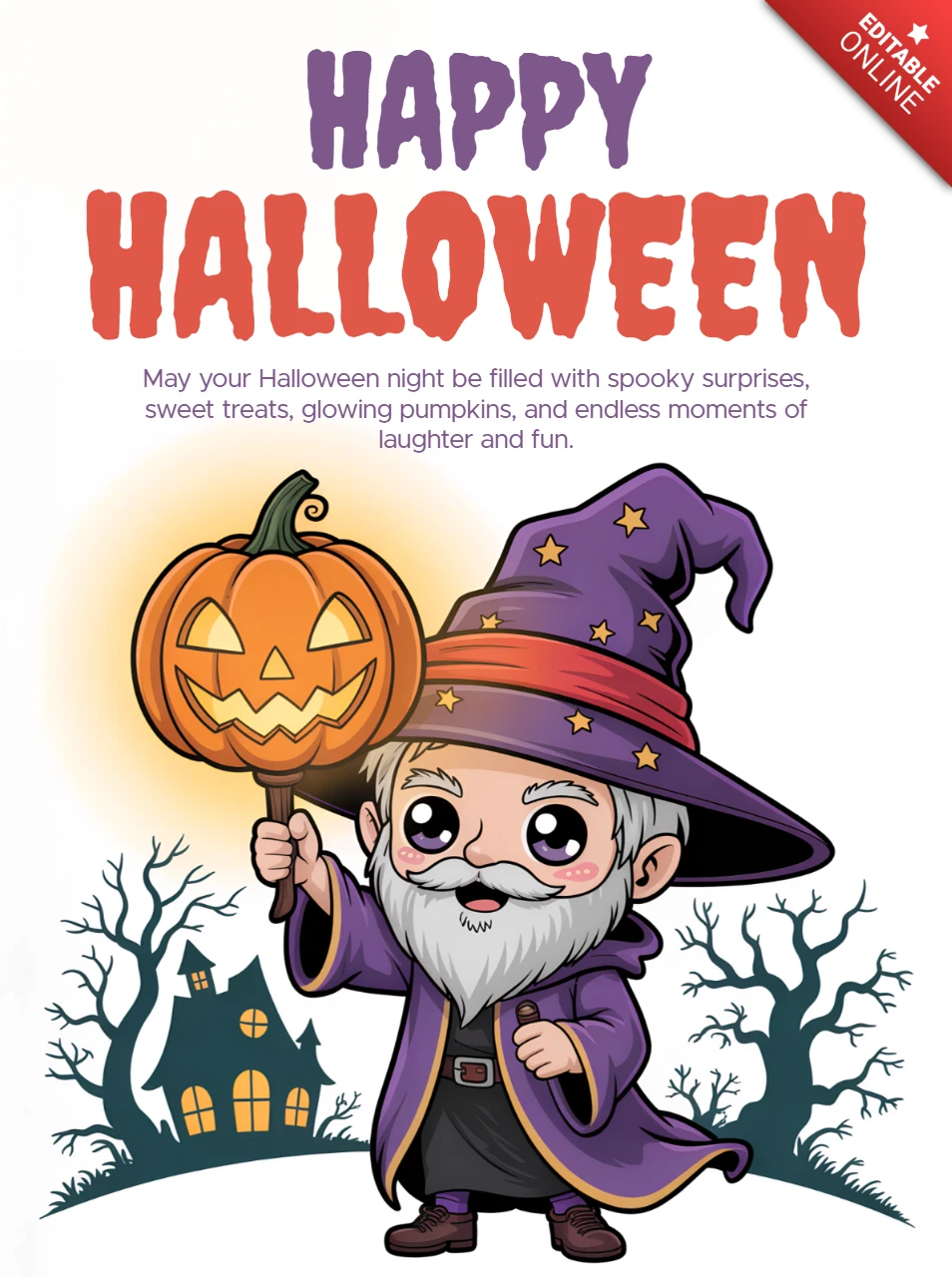 Happy Halloween Design Template with Cartoon Wizard and Pumpkin for Festive Greeting Cards