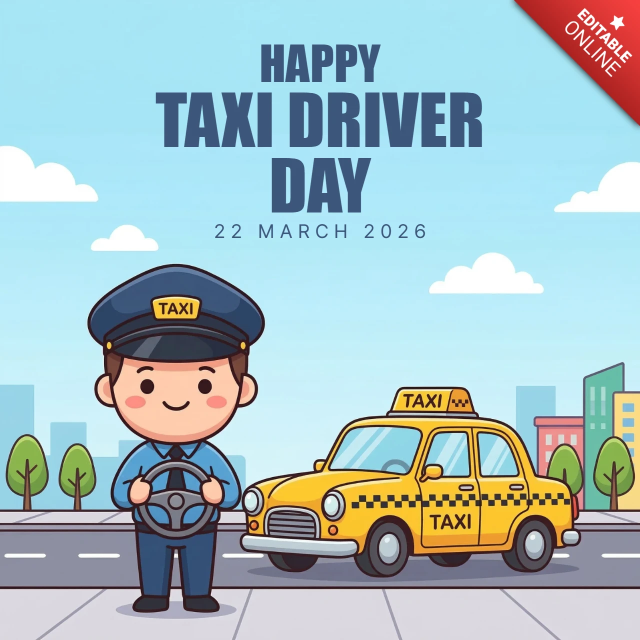 Dia do motorista de táxi 2026, motorista em pé ao lado de um táxi amarelo segurando o volante, ilustração destacando a valorização do transporte.
