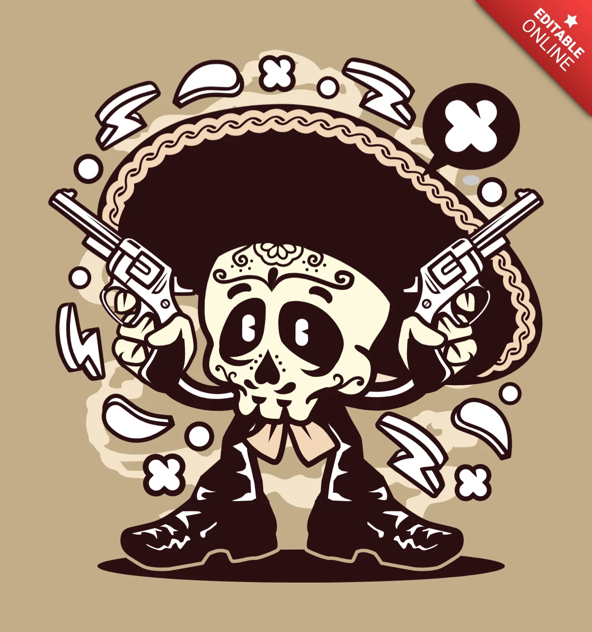 Mariachi Calavera Gunner Cartoon Character Poster Design Template