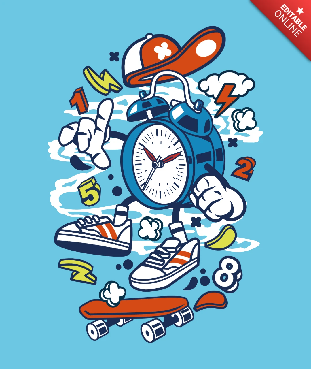 Twin Bell Clock Cartoon Character T-Shirt Design Template