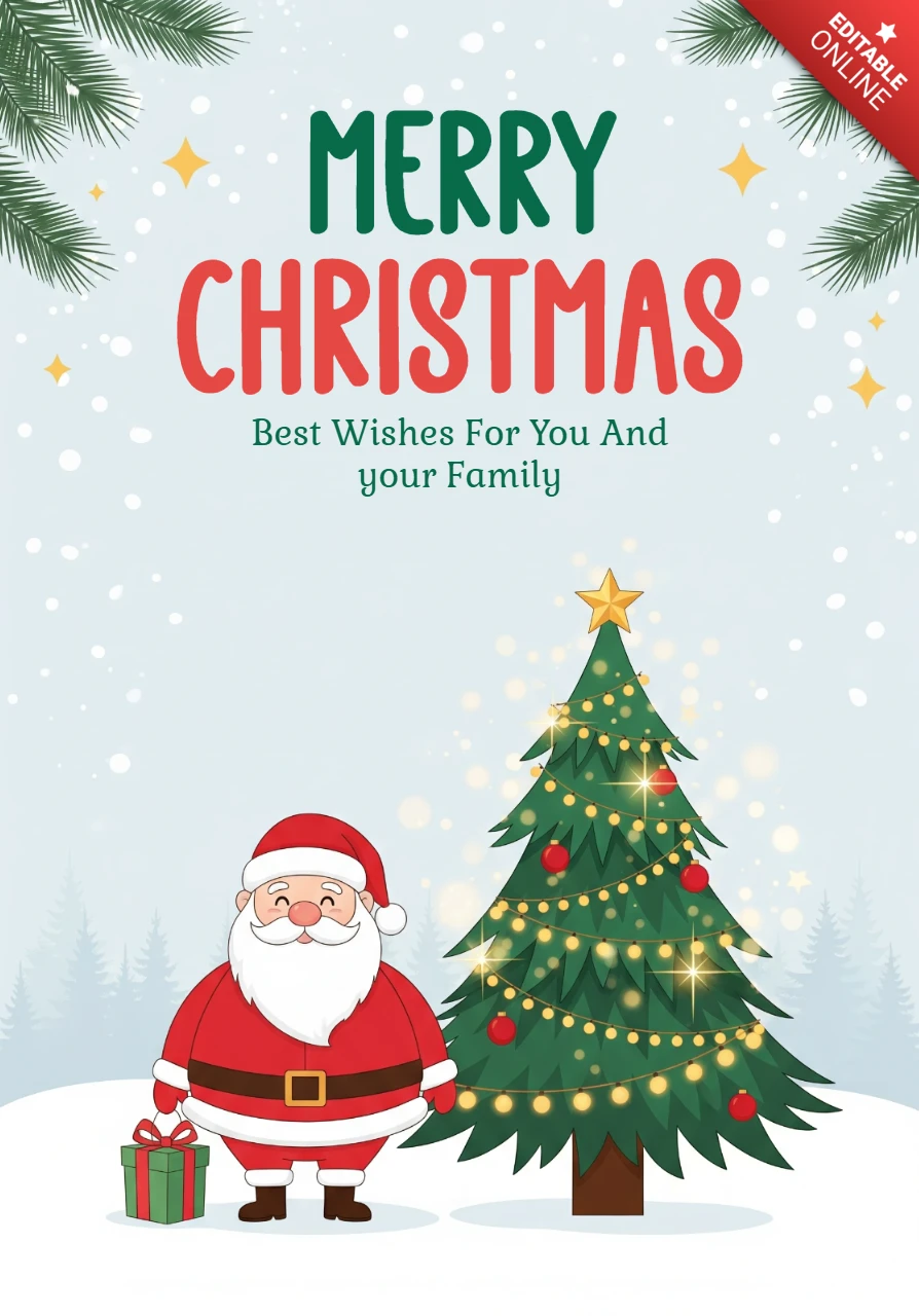 Santa Claus and Christmas Tree Framing Merry Christmas and Best Wishes for Your Family Greeting