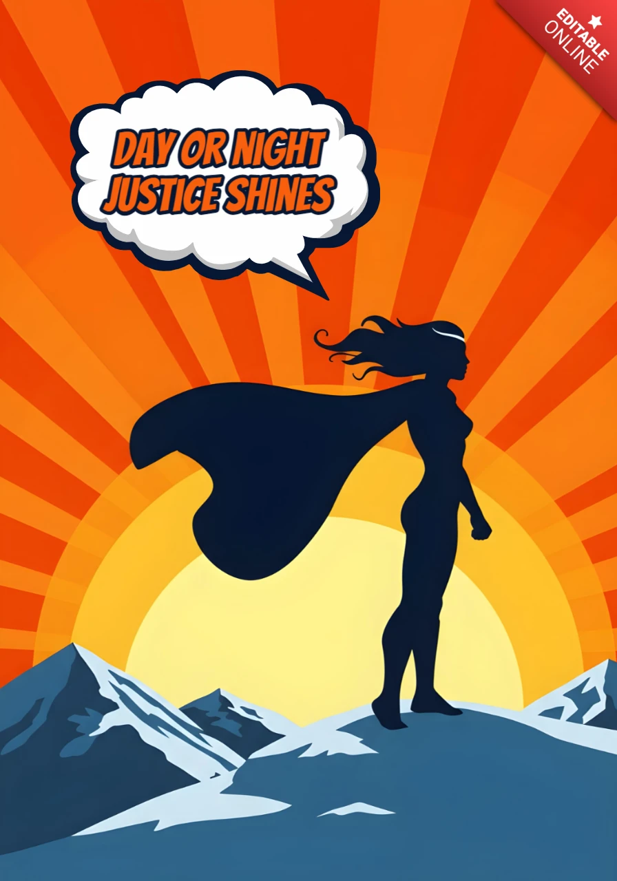 Jour ou nuit, la justice brille, silhouette de super-héros sur le sommet de la montagne avec un design de poster éclatant de soleil.