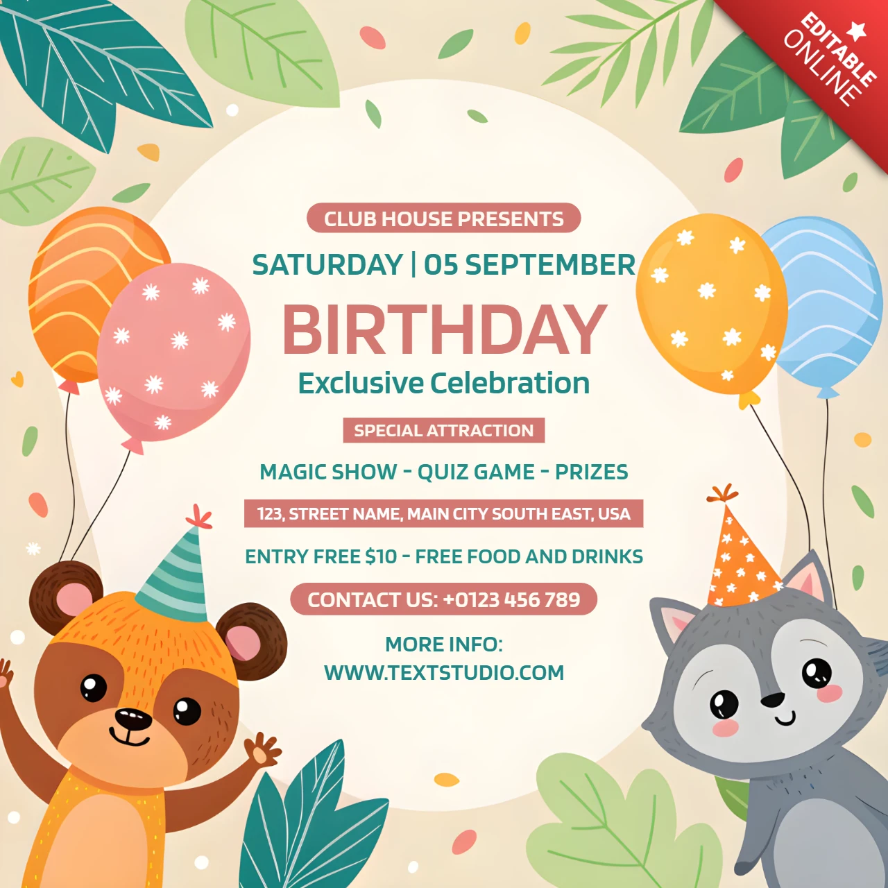 Whimsical Birthday Party Invitation Template with Cute Animal Design